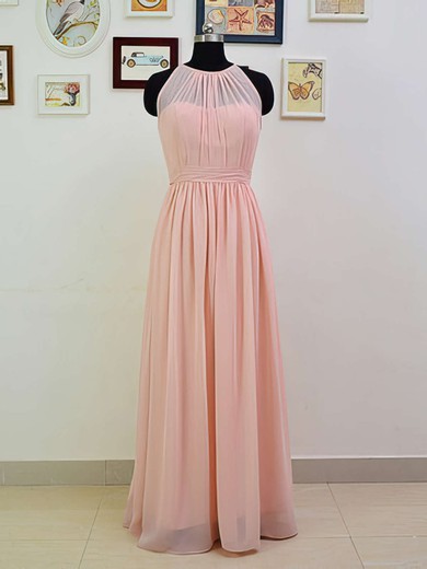 Floor-length Scoop Neck Pink Chiffon Ruffles Wholesale Bridesmaid Dresses #UKM01012551