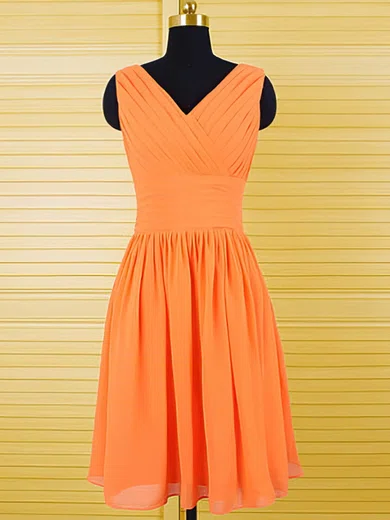 Modest Orange V-neck Ruffles Chiffon Knee-length Bridesmaid Dresses #UKM01012556