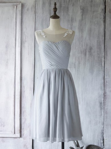 Nice Knee-length Scoop Neck Chiffon Tulle with Appliques Lace Bridesmaid Dress #UKM01012560