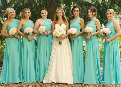 One Shoulder Blue Chiffon with Ruffles For Less Floor-length Bridesmaid Dress #UKM01012568