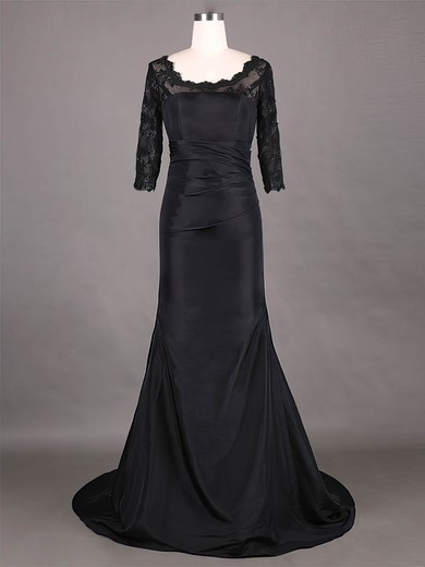 Vintage Sheath/Column Scoop Neck Black Taffeta Lace 1/2 Sleeve Mother of the Bride Dress #UKM01021315