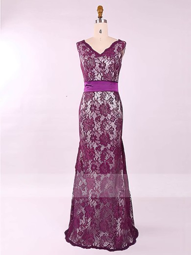 Sheath/Column Grape Lace Sashes/Ribbons Floor-length Boutique Mother of the Bride Dress #UKM01021577