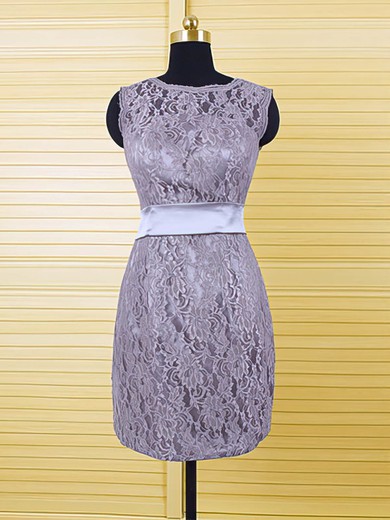 Gray Scoop Neck Covered Button Lace with Sashes / Ribbons Sheath/Column Mother of the Bride Dresses #UKM01021606