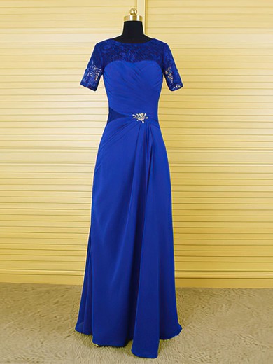 Scoop Neck Royal Blue Chiffon Lace Crystal Ruffles Floor-length Short Sleeve Mother of the Bride Dresses #UKM01021610