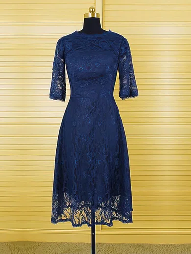Tea-length Scoop Neck 1/2 Sleeve Lace For Less Dark Navy Mother of the Bride Dresses #UKM01021616
