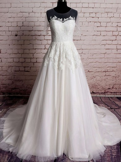 Ball Gown Illusion Tulle Sweep Train Wedding Dresses With Appliques Lace #UKM00020569