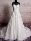 Short Sleeve Scoop Neck Tulle Satin Appliques Lace Famous Ivory Wedding Dresses #UKM00020569