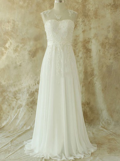 Ivory Scoop Neck Chiffon Tulle with Appliques Lace Gorgeous Sweep Train Wedding Dresses #UKM00020582