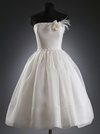 For Less Knee-length White Organza Flower(s) Lace-up Strapless Wedding Dresses #UKM00020624