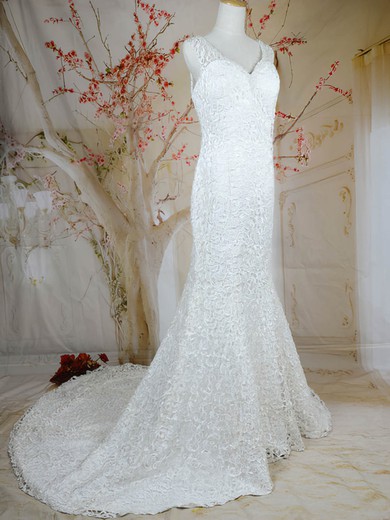 Nice V-neck White Lace Buttons Trumpet/Mermaid Wedding Dresses #UKM00020721