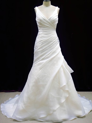 Gorgeous Ivory Organza V-neck Pleats Court Train Wedding Dresses #UKM00020784