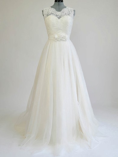 Scalloped Neck Sashes/Ribbons Ivory Tulle Lace A-line Wedding Dresses #UKM00020812