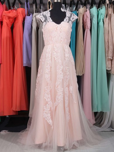 Good V-neck Tulle with Appliques Lace Sweep Train Pink Wedding Dresses #UKM00020863