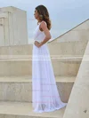 Unique White V-neck Chiffon Lace with Sashes/Ribbons Backless Wedding Dress #UKM00021458