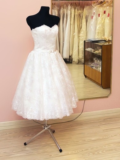 Ball Gown Sweetheart Lace Tea-length Wedding Dresses With Sashes / Ribbons #UKM00021459