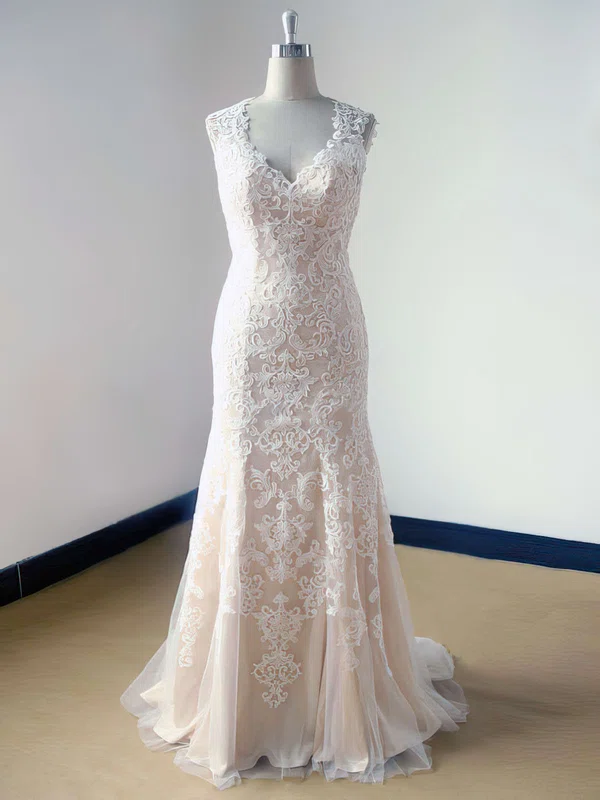 Coolest Court Train V-neck Champagne Tulle Lace Open Back Wedding Dress #UKM00021469