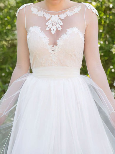 A-line Illusion Tulle Sweep Train Wedding Dresses With Appliques Lace #UKM00021482