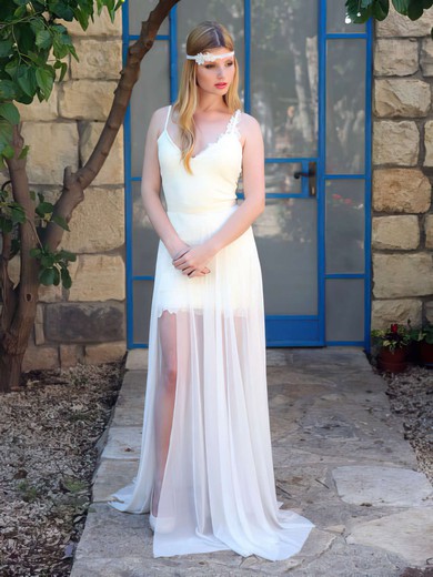 Spaghetti Straps V-neck Split Front Backless Lace Chiffon Affordable Wedding Dress #UKM00021483