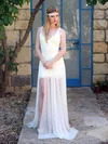 A-line V-neck Lace Chiffon Sweep Train Wedding Dresses With Sashes / Ribbons #UKM00021483