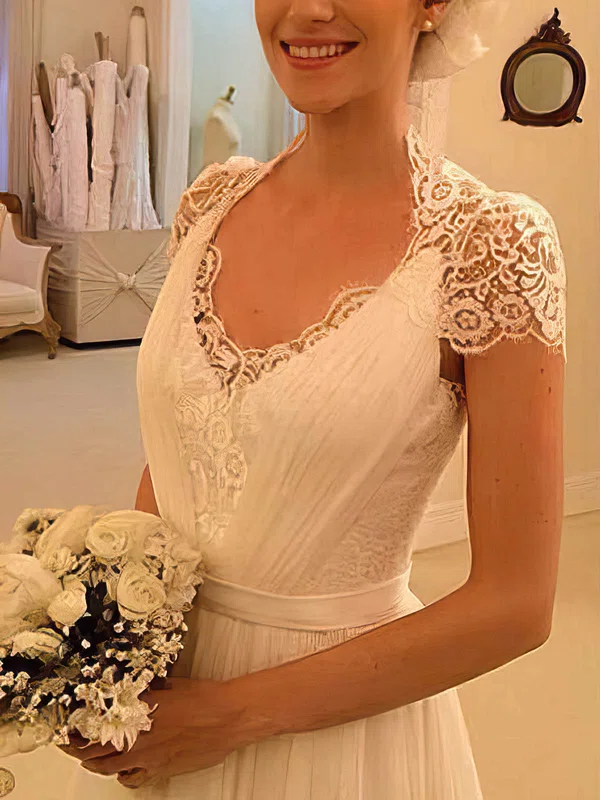 Perfect A-line Ivory Chiffon Appliques Lace V-neck Short Sleeve Wedding Dress #UKM00021497
