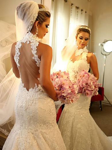 Affordable Ivory Lace Tulle with Sequins High Neck Trumpet/Mermaid Wedding Dress #UKM00021503