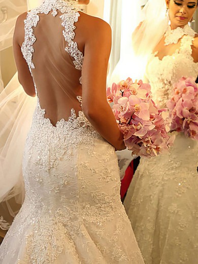 Trumpet/Mermaid High Neck Tulle Chapel Train Wedding Dresses With Appliques Lace #UKM00021503