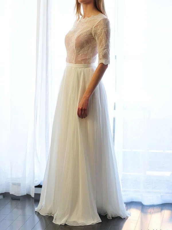 A-line Scoop Neck Lace Chiffon Floor-length Wedding Dresses #UKM00021511