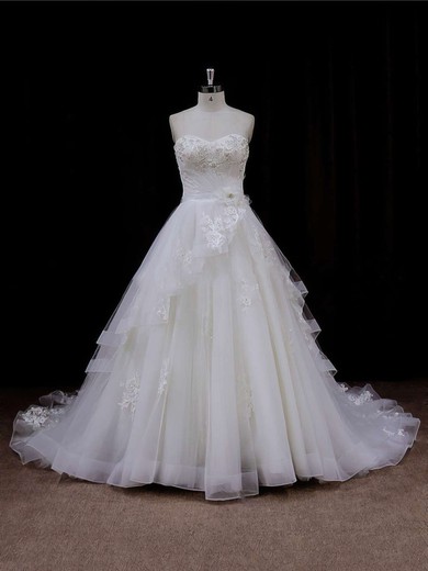 Sweetheart Lace-up Tulle Appliques Lace Chapel Train Ivory Wedding Dresses #UKM00021633