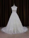 Ivory Court Train Lace Sashes / Ribbons Cap Straps High Neck Wedding Dresses #UKM00021642