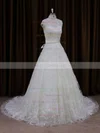 Ivory Court Train Lace Sashes / Ribbons Cap Straps High Neck Wedding Dresses #UKM00021642