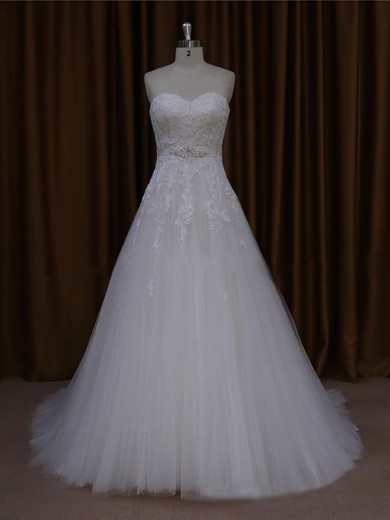 Ivory Sweetheart Tulle Appliques Lace Inexpensive Court Train Wedding Dresses #UKM00021643