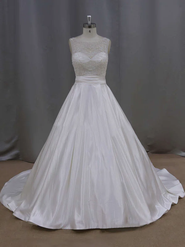 Ball Gown Illusion Satin Court Train Wedding Dresses With Beading #UKM00021645