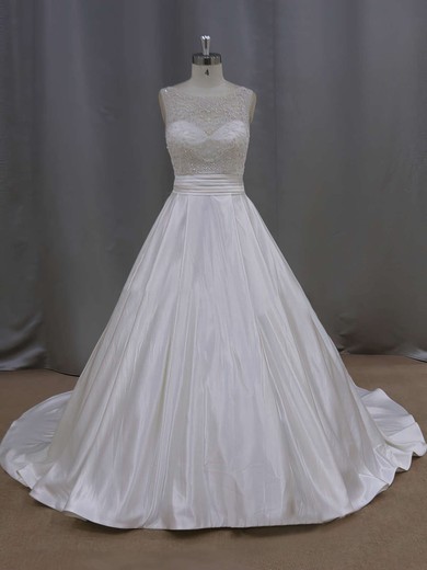 Elegant Court Train Ivory Satin Pearl Detailing Scoop Neck Wedding Dresses #UKM00021645
