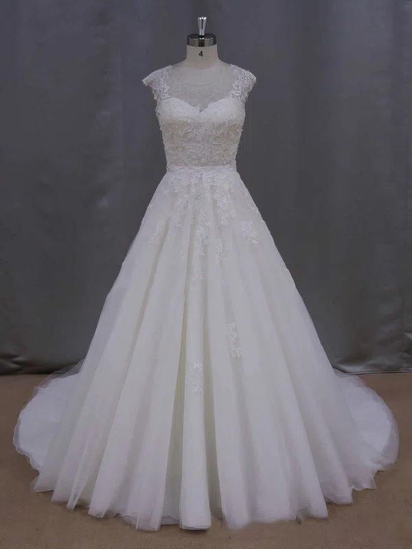 Ball Gown Tulle Appliques Lace Cap Straps Scoop Neck Ivory Wedding ...