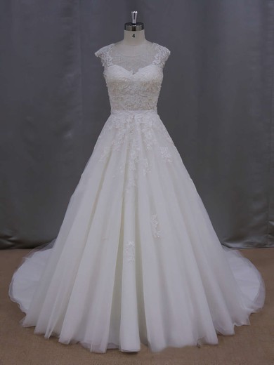 Ball Gown Tulle Appliques Lace Cap Straps Scoop Neck Ivory Wedding Dresses #UKM00021646