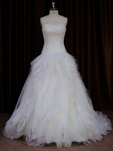 Strapless Ivory Tulle Beading Fashion Sweep Train Wedding Dress #UKM00021766
