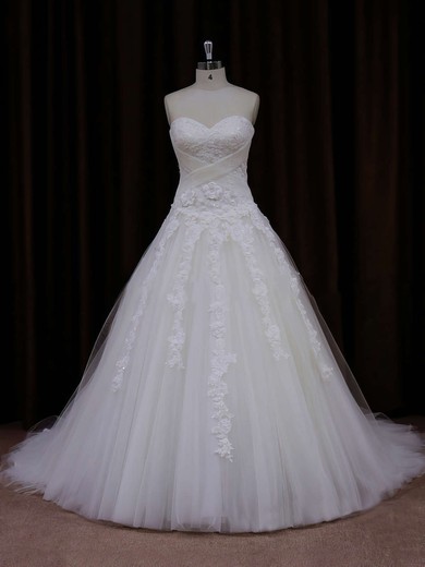 Princess Popular Tulle with Appliques Lace Sweetheart White Wedding Dress #UKM00021772