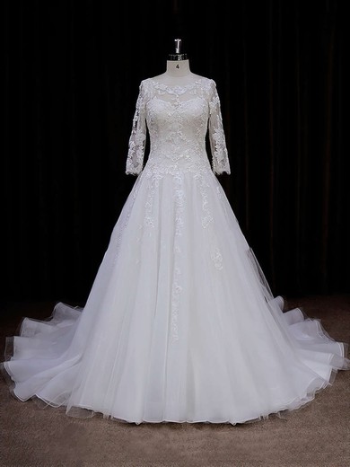 Chapel Train Ivory Tulle Appliques Lace 3/4 Sleeve Scoop Neck Wedding Dress #UKM00021788