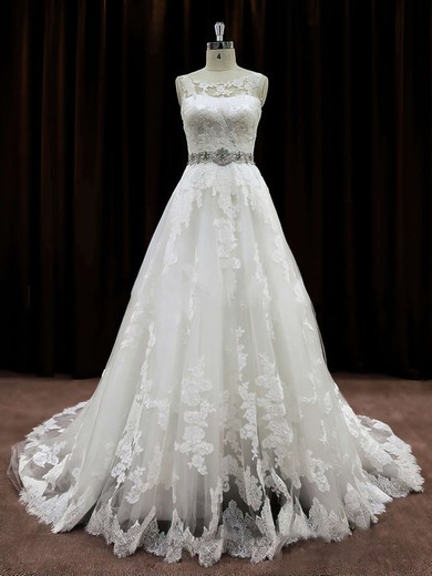 Pretty Scoop Neck Lace Beading Chapel Train Ivory Wedding Dress #UKM00021791