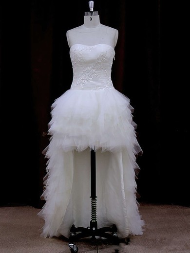 Asymmetrical Ivory Tulle Appliques Lace High Low Strapless Wedding Dress #UKM00021802