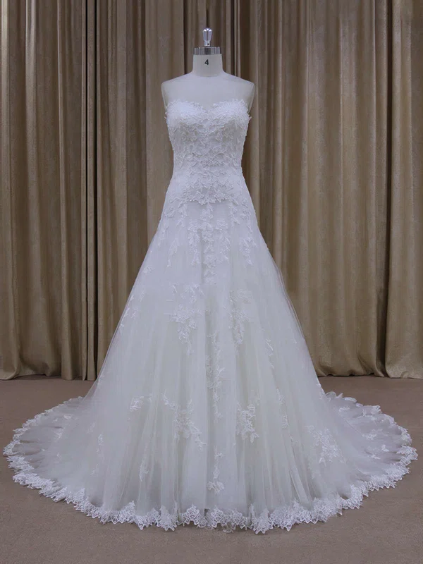 Ball Gown Sweetheart Tulle Court Train Wedding Dresses With Appliques Lace #UKM00021803