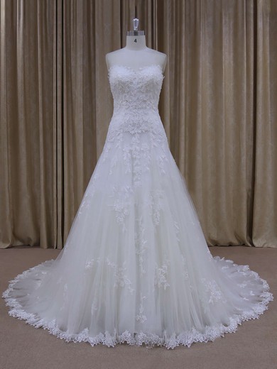Unique Sweetheart Ivory Tulle Appliques Lace Court Train Wedding Dress #UKM00021803