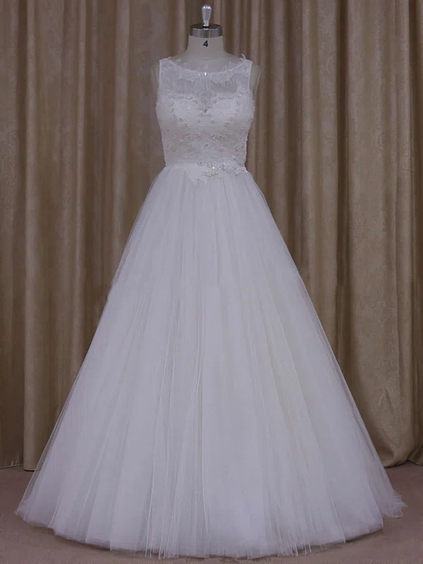 Ball Gown Illusion Tulle Floor-length Wedding Dresses With Beading #UKM00021812