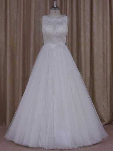 Princess Ivory Tulle Scoop Neck Appliques Lace Pretty Wedding Dress #UKM00021812