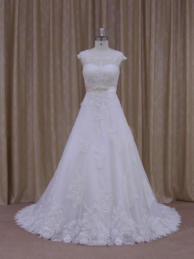 White Scoop Neck Tulle Appliques Lace Affordable Chapel Train Wedding Dress #UKM00021814