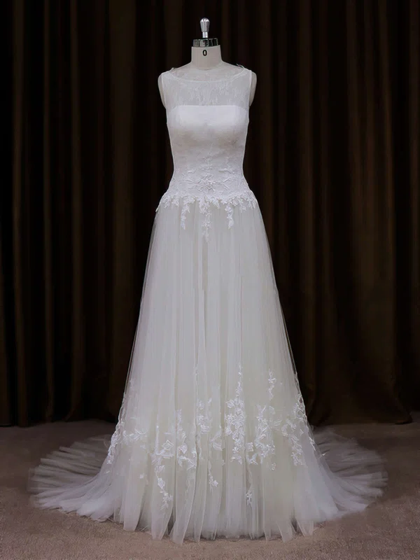 Cheap Scoop Neck Ivory Tulle Appliques Lace Court Train Wedding Dress #UKM00021819