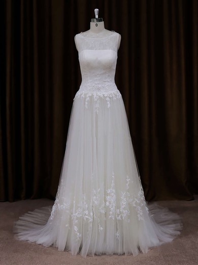 Cheap Scoop Neck Ivory Tulle Appliques Lace Court Train Wedding Dress #UKM00021819