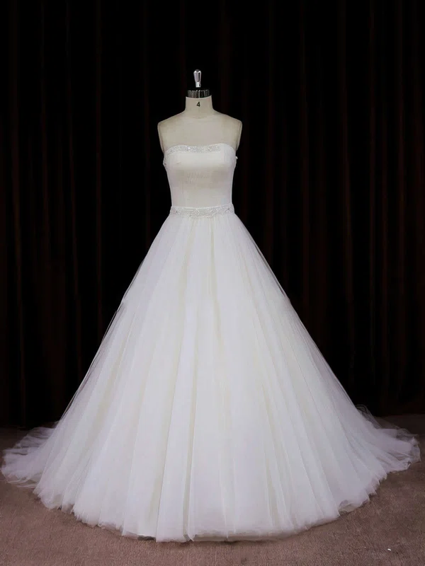 Ball Gown Straight Tulle Chapel Train Wedding Dresses With Beading #UKM00021833