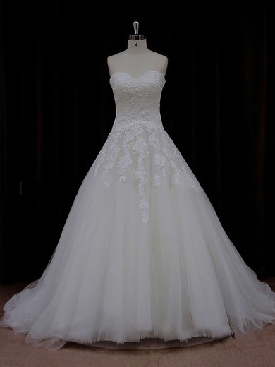 Ball Gown Ivory Tulle Lace-up Court Train Appliques Lace Wedding Dress #UKM00021835