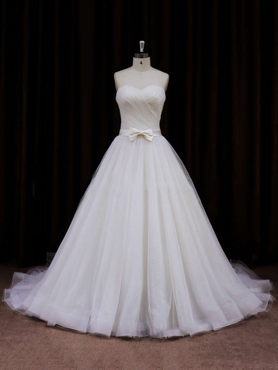 Modest Sweetheart Tulle with Sashes/Ribbons Chapel Train Ivory Wedding Dresses #UKM00021840